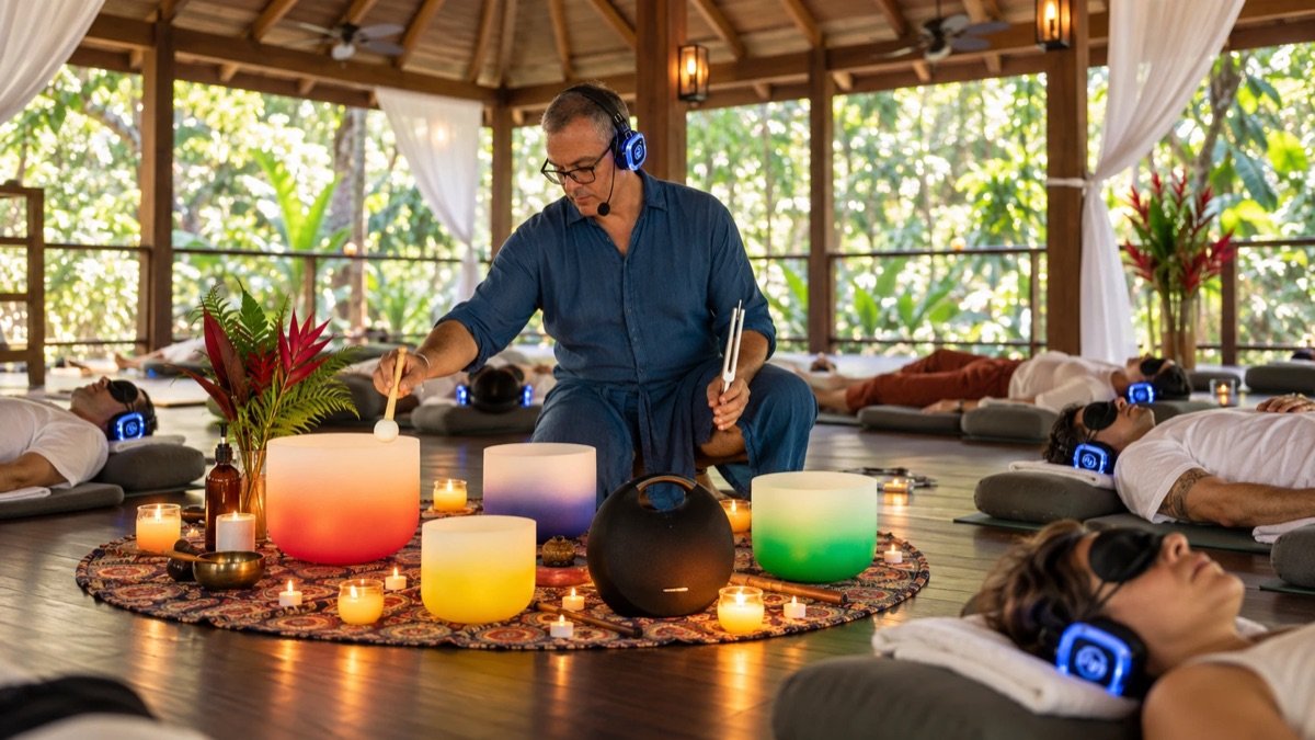 Lucho facilitating a sound healing session for guests in a wellness pavilion