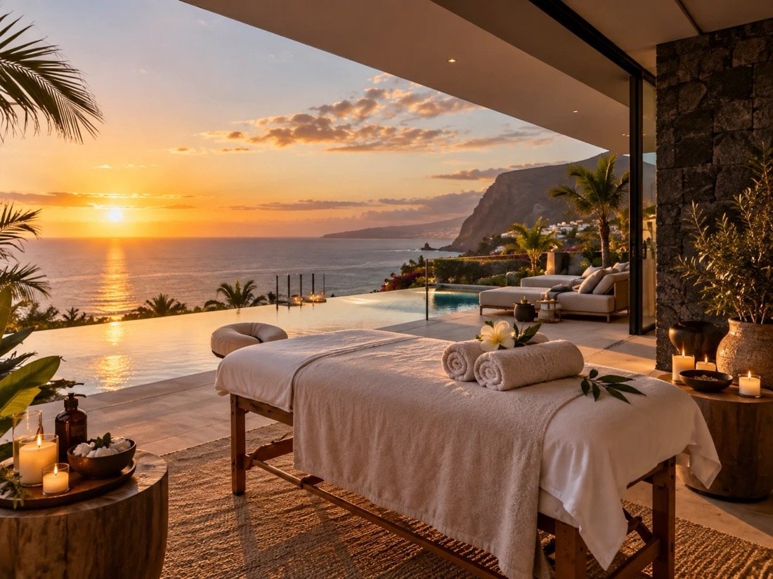 Massage table beside an infinity pool with a sunset view, villa-style setting in South Tenerife